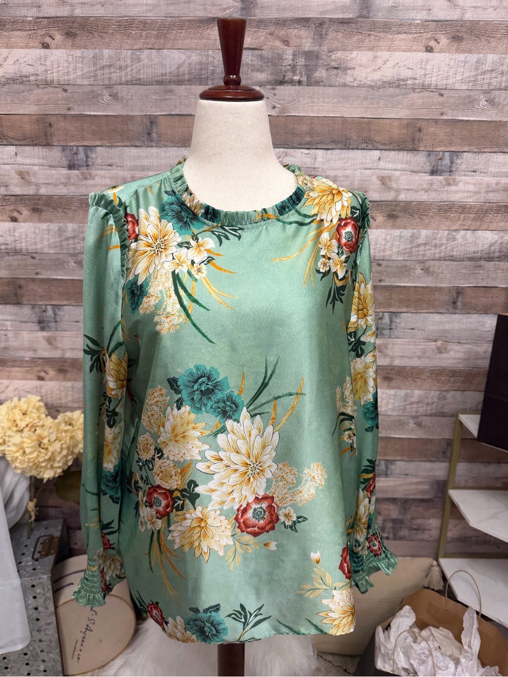 Violet & Claire Mint Green Floral Satin Blouse